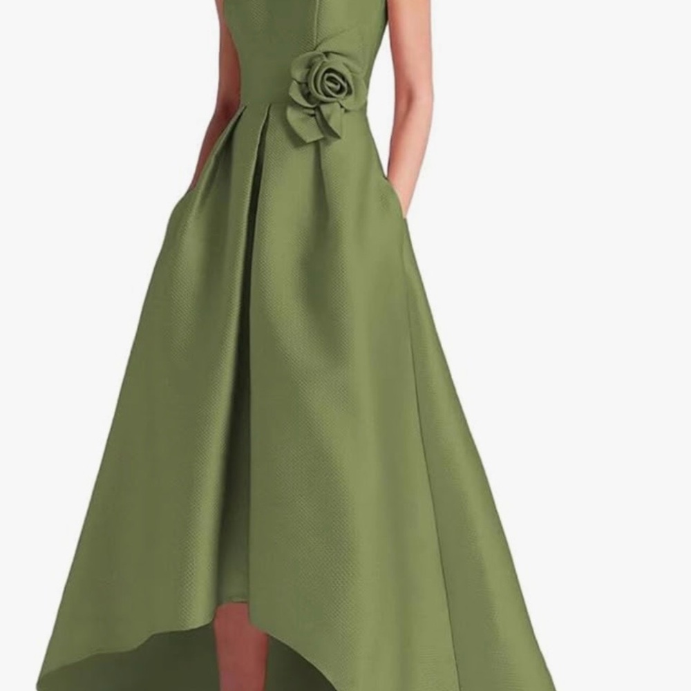 Olive Green High-Low Floral Detail Evening Dress
